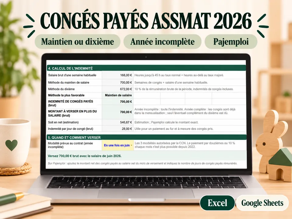 Aperçu du tableur Congés payés assistante maternelle