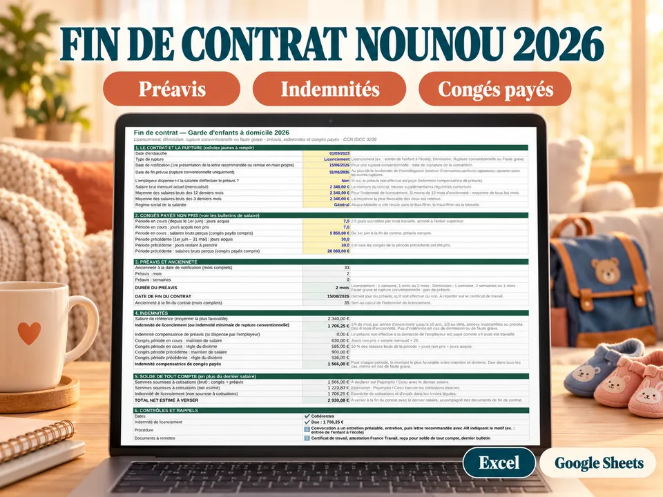 Aperçu du tableur Fin de contrat nounou à domicile